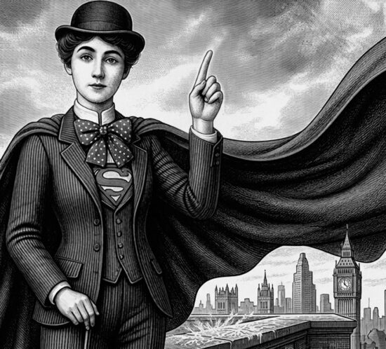 Ilustración estilo grabado vintage de una superheroína con capa contemplando la ciudad, representando la elección de la mejor empresa de diseño web.