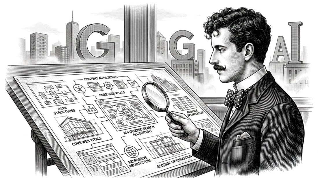 Ilustración estilo grabado vintage en blanco y negro de The Webmaster analizando la visibilidad de una web en Google y buscadores con inteligencia artificial.