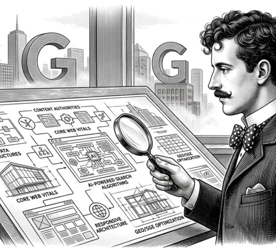 Ilustración estilo grabado vintage en blanco y negro de The Webmaster analizando la visibilidad de una web en Google y buscadores con inteligencia artificial.